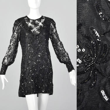 XS Judith Anne Beaded Short Dress Sheer Black Long Sleeves Floral Beading Mesh 1970s Vintage Dress 