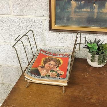 Vintage Magazine Rack Retro 1960's Mid Century Modern Gold Metal Wire Frame with Ball Feet for Books and Reading Materials 