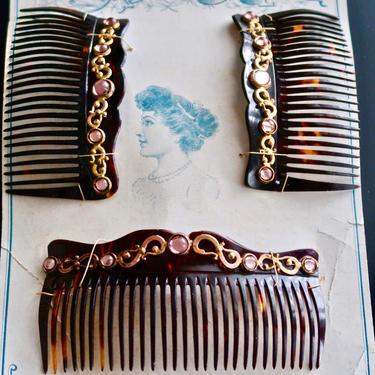 Matched Set 3 Edwardian Hair Combs NOS, Art Nouveau Combs, Antique Hair Combs Set, Bridal Combs, Lavender Wedding, French Hair Combs 