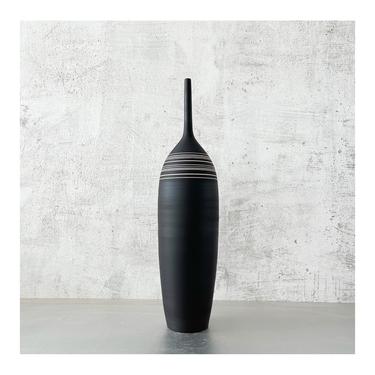 SHIPS NOW- 17&quot; tall Skyscraper Bottle Vase in raw black clay with white porcelain stripes by Sara Paloma Pottery. 