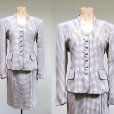 Vintage 1980s Christian Dior Skirt Suit, 80s Gray Beige Silk Rayon Jacket Pencil Skirt Set, Mother of the Bride, Size 6 US 