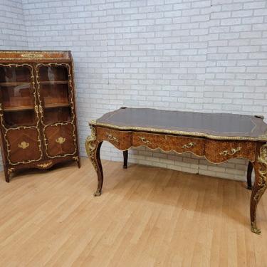 Vintage French Provincial Louis XV Style Bureau Plat Desk and French Transition Style Display Cabinet - Set of 2