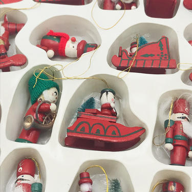 Set of (24) Wooden Red  Christmas ornaments- Perfect collectible for the holidays- 1970's 2&amp;quot; 2 1/2&amp;quot; 