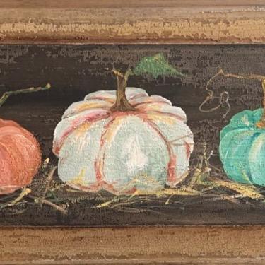 Five Colorful Pumpkins in Row on Salvaged Wood