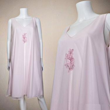 Vintage Pink Chiffon Nightgown, Large / Vintage Pinup Lingerie / 1960s Fluffy Pale Pink Valentines Day Nightie / Double Layer Nylon Negligee 