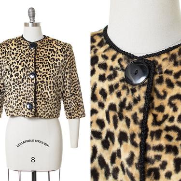 Vintage 1960s Jacket | 60s Leopard Print Faux Fur Cropped Animal Print Coat (medium) 
