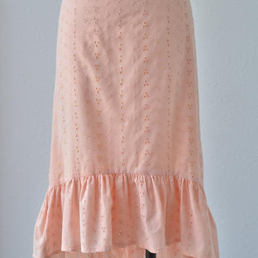 Vintage Peach Eyelet Embroidered Asymmetrical Skirt by MAJE Paris, Prairie Skirt Western Ruffled Hem Midi Skirt Cotton, Fully Lined w/ Nylon 