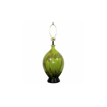 Mid Century Modern Green Ceramic Drip Glaze Large Table Lamp Brass Finial 1970s 