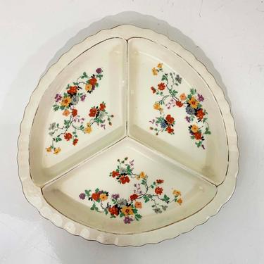 Vintage Floral Ceramic Divided Serving Tray Dish Ring Jewelry Organizer Mid-Century Retro Mad Men MCM Leaves Flowers Cocktail Party 50s 