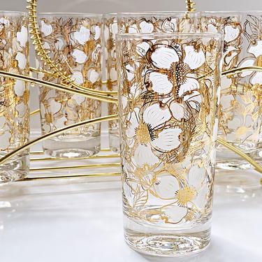 Fred Press barware set 8 Highball cocktail glasses & carrier caddy / Glam White w Gold Floral Glassware Mid Century Spring Decor Inspiration 