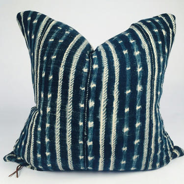24" Striped Vintage Indigo Mudcloth Pillow
