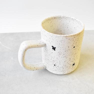 Short Speckled Clay with White and Black Glaze Details Handmade Ceramics Mug 