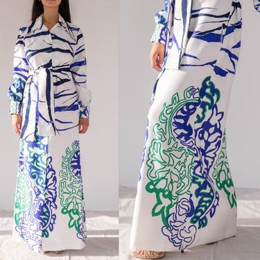 Vintage 70s LANVIN PARIS Royal Blue, White &amp; Kelly Green Abstract Floral Print Belted Button Up Dress | 1970s Designer Bohemian Maxi Dress 