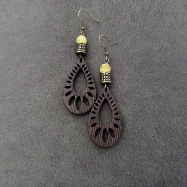 Wooden earrings, natural dangle earrings, mid century modern earrings, bohemian earrings, bold statement unique ethnic earrings, stone 