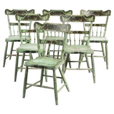 Set of 6 19th Century American Country Green Painted Dining Chairs, c. 1820-30