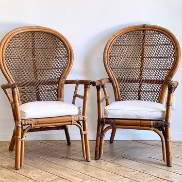 Set of 2 Bamboo Chairs - Fan Back Bamboo Rattan Dining Chairs + Cushions - Bentwood Cane Bamboo Lounge Chairs - Bohemian Tropical Decor 