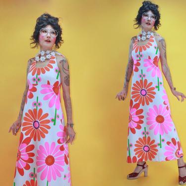 Vintage 1960s 60s MOD Flower Power Groovy Happy Daisy Blight Pop Halter Neck Hawaiian Dress/SZ S/70s 1970s Malia Tiki OP Art Waffle Cotton 