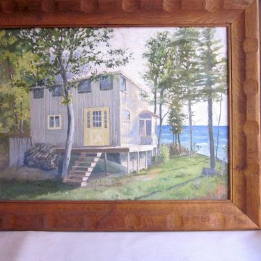 Vintage 1971 Signed Acrylic on Canvas Painting Rural Sunlit Cottage Lakeside Birch Forest Scene in Rustic Dimpled Oak Frame 