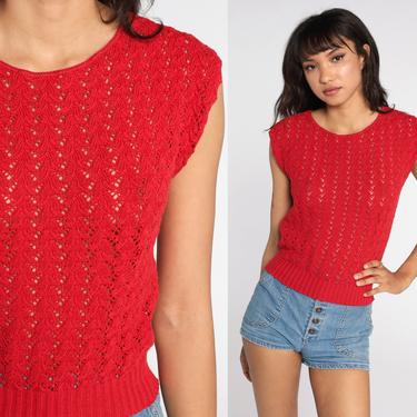 Sheer Sweater Top 80s Red Knit Shirt Boho Open Weave Short Sleeve 1980s Pointelle Bohemian Slouchy Retro Vintage Cap Sleeve Small by ShopExile