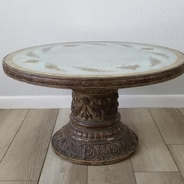 Italian Hollywood Regency Carved Wood Pedestal Round Coffee Table . 