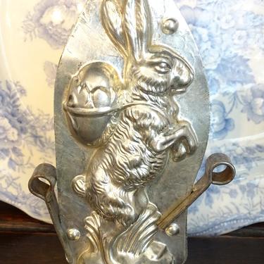 Large 5 3/4 Inch Antique German Chocolate Standing Rabbit Mold, Vintage Easter Bunny, Original Clips 