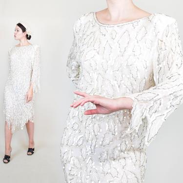 1960s Sequin Flapper Dress | 1960s Saint Honore Sequin Dress | Sequin Leaves Avant Garde Dress 