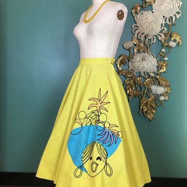 1950s circle skirt, yellow cotton, vintage 50s skirt, 26 27 waist, novelty print skirt, Carmen Miranda, appliqué, miss Marilyn, fruit, lady 