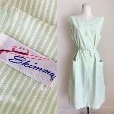 Vintage 1960s Green & White Striped Seersucker House Dress / XL 