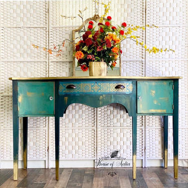 Old World Finish Teal and Gold Sideboard Buffet. Credenza Server. MahoganY Blue Green Dining Room peacock Cabinet. Entryway Media Console. 