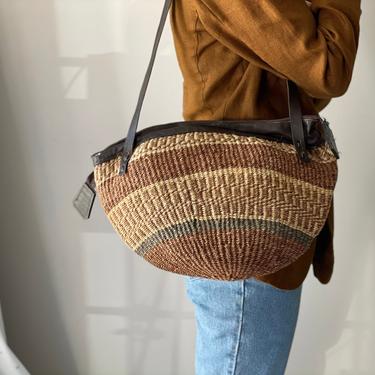 Vintage Woven Sisal Jute and Leather Market Market Tote Beach Bag 