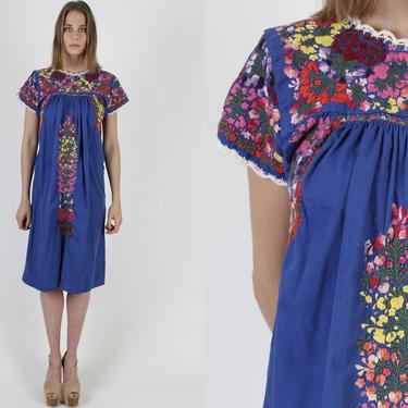 Royal Blue Oaxacan Mini Dress / Colorful Hand Embroidery / Vintage Womens Mexican Vestido / Floral Dia De Los Muertos Fiesta Cotton Dress 