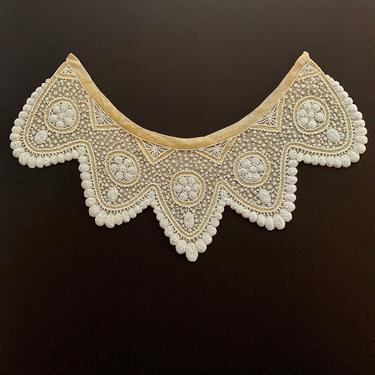 Vintage 1920'S Hand Beaded Collar - Small White Seed Beads - Incredible Details - Silk Chiffon Backed - 16-1/2 Long x 6-1/2 inches 