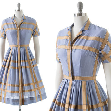 Vintage 1950s Shirt Dress | 50s L'AIGLON Plaid Cotton Fit and Flare Blue Shirtwaist Day Dress (small) 
