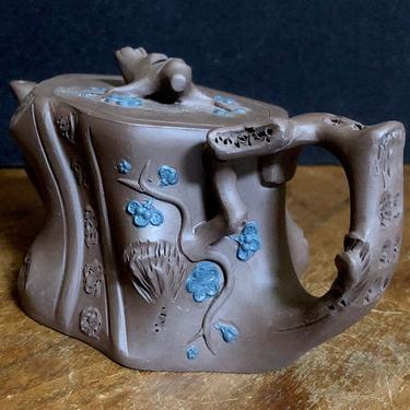 Chinese Yixing Clay Teapot with Branches and Blue Flowers 