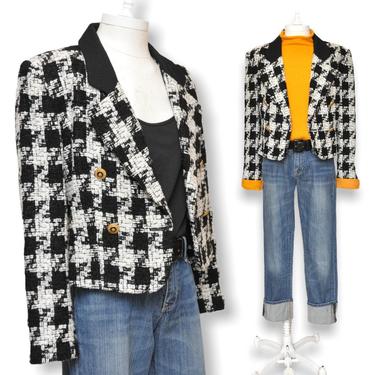 Vintage Black and White Houndstooth Tweed Blazer M/L Preppy Jacket 