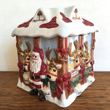 90's Vintage Fitz And Floyd Santa Claus And His Reindeer Cookie Jar, Christmas Cookie Jar 