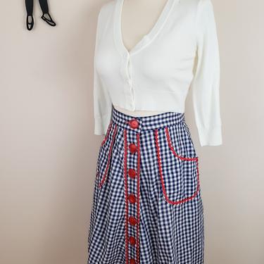 Vintage 1960's Gingham Skirt / 70s Red, White, and Blue Skirt S 