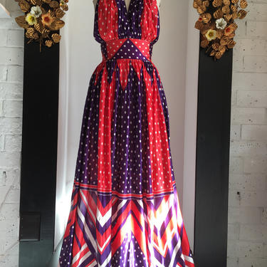 1970s halter dress, vintage maxi dress, backless dress, polkadots and stripes, statement dress, 26 waist, purple and red 