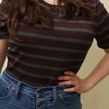 Vintage 90's Burgundy and Grey Striped T-Shirt (S/M) 