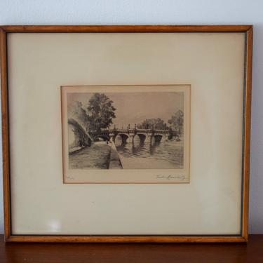 Original Framed Vintage Pencil Etching of Paris by Victor Maunier dated 1934 