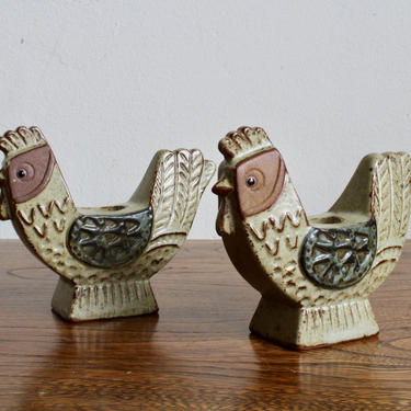 Pair of Mid Century 60s Stoneware Rooster Candlestick Holders, Earth Tones, Natural, Boho Speckled Pottery, Bohemian, Retro, Midcentury MCM 