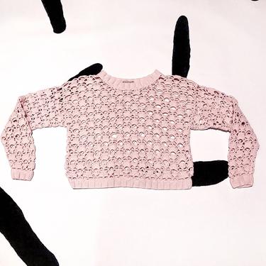 90s Esprit Pink Open Knit Crochet Cropped Boxy Sweater / Cropped / Small / Pastel / Layer / Grunge / See Through / Romantic / Chunky Knit 