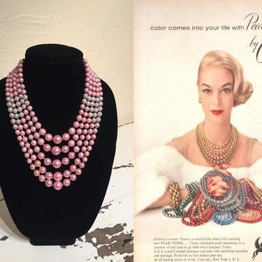 Far Too Petite  - Vintage 1950s Shell Pink Ombre &amp; White Pearl 5 Strand Faux Pearl Necklace 