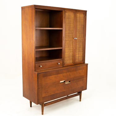 Merton Gershun for American of Martinsville Mid Century 2 Piece Walnut and Rattan China Cabinet Display Shelving - mcm 