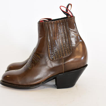 Size 7-7.5 10-10.5 | Vintage Deadstock 80s Western Boot | Brown | Rainbow Thread Chelsea Boot | 