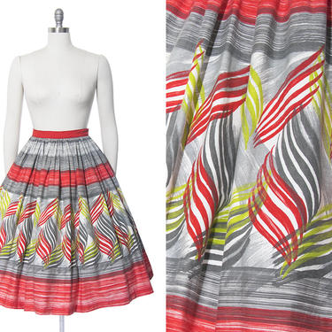 Vintage 1950s Skirt | 50s Mexican Striped Abstract Leaf Print Cotton Full Tourist Souvenir Swing Skirt (medium) 