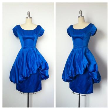 FINAL SALE /// 50s Electric Blue Hourglass Dress / 1950s Vintage Jewel Tone Poof Cocktail Party Dress / Small / Size 2 