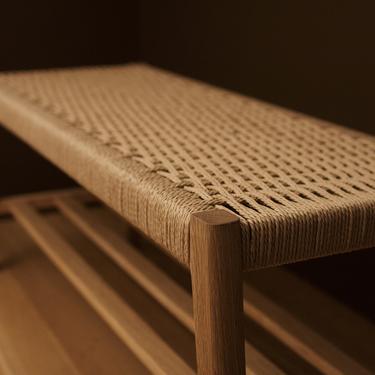 Mid Century Entryway Woven Seat Shoe Bench 