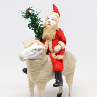 Antique Santa with Feather Tree on Large 5 Inch Wooly German Sheep,  Toy for Christmas Putz or Nativity Creche, Hand Painted Clay Face 