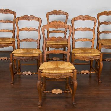 Antique Set of 6 Country French Provincial Louis XV Ladder Back Oak Dining Chairs 